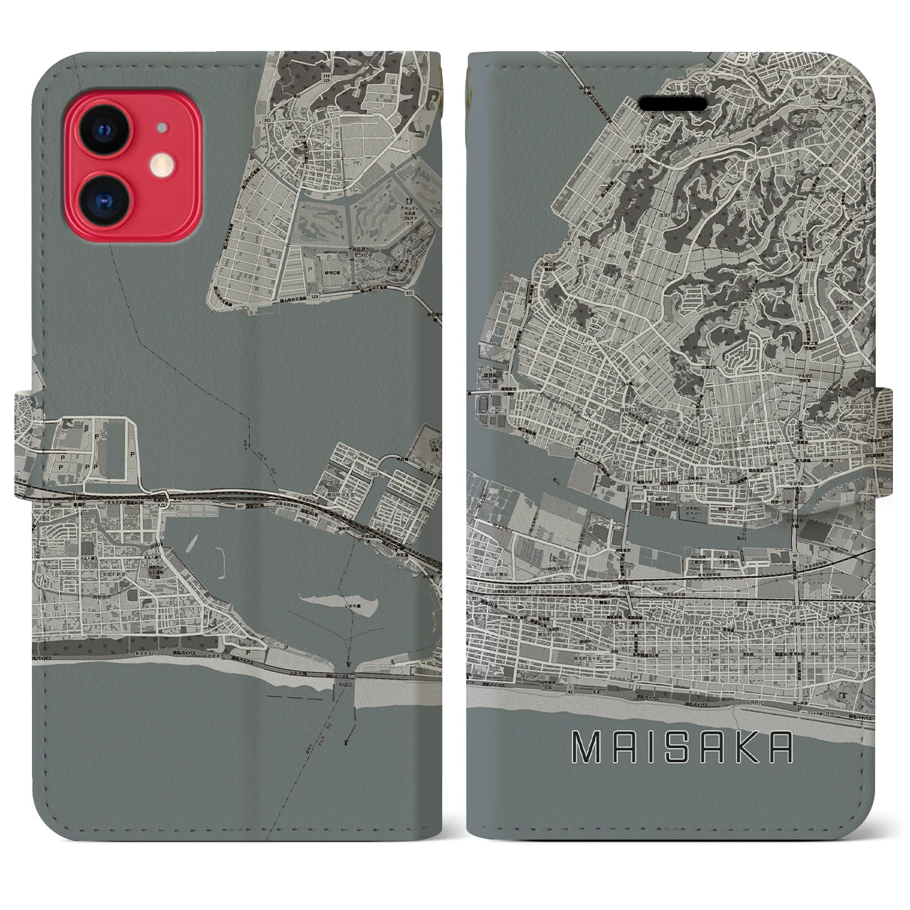 【舞阪(静岡県)】地図柄iPhoneケース(手帳タイプ)モノトーン・iPhone 11 用