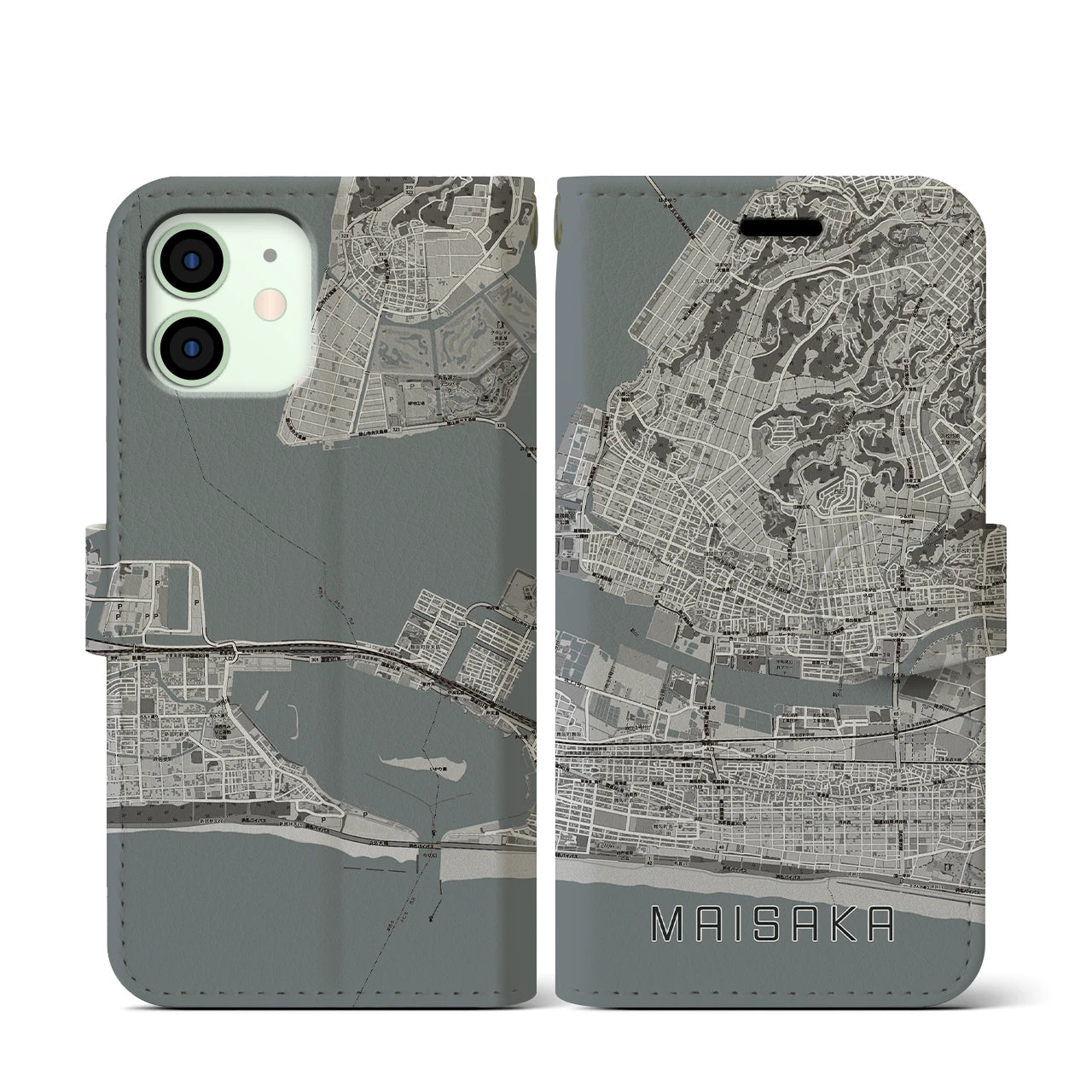 【舞阪(静岡県)】地図柄iPhoneケース(手帳タイプ)モノトーン・iPhone 12 mini 用