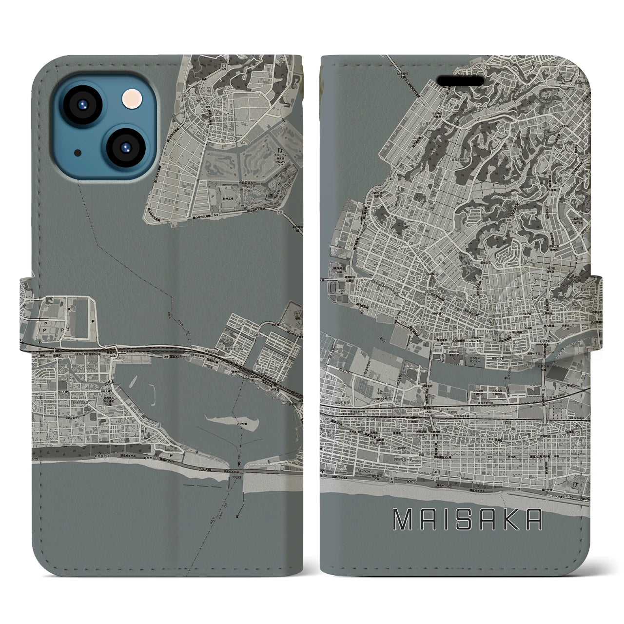 【舞阪(静岡県)】地図柄iPhoneケース(手帳タイプ)モノトーン・iPhone 13 用