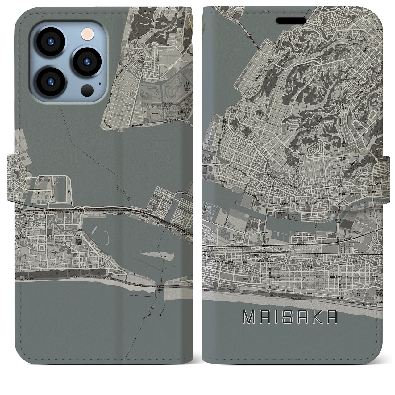 【舞阪(静岡県)】地図柄iPhoneケース(手帳タイプ)モノトーン・iPhone 13 Pro Max 用