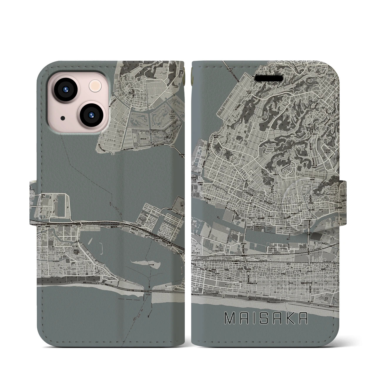 【舞阪(静岡県)】地図柄iPhoneケース(手帳タイプ)モノトーン・iPhone 13 mini 用