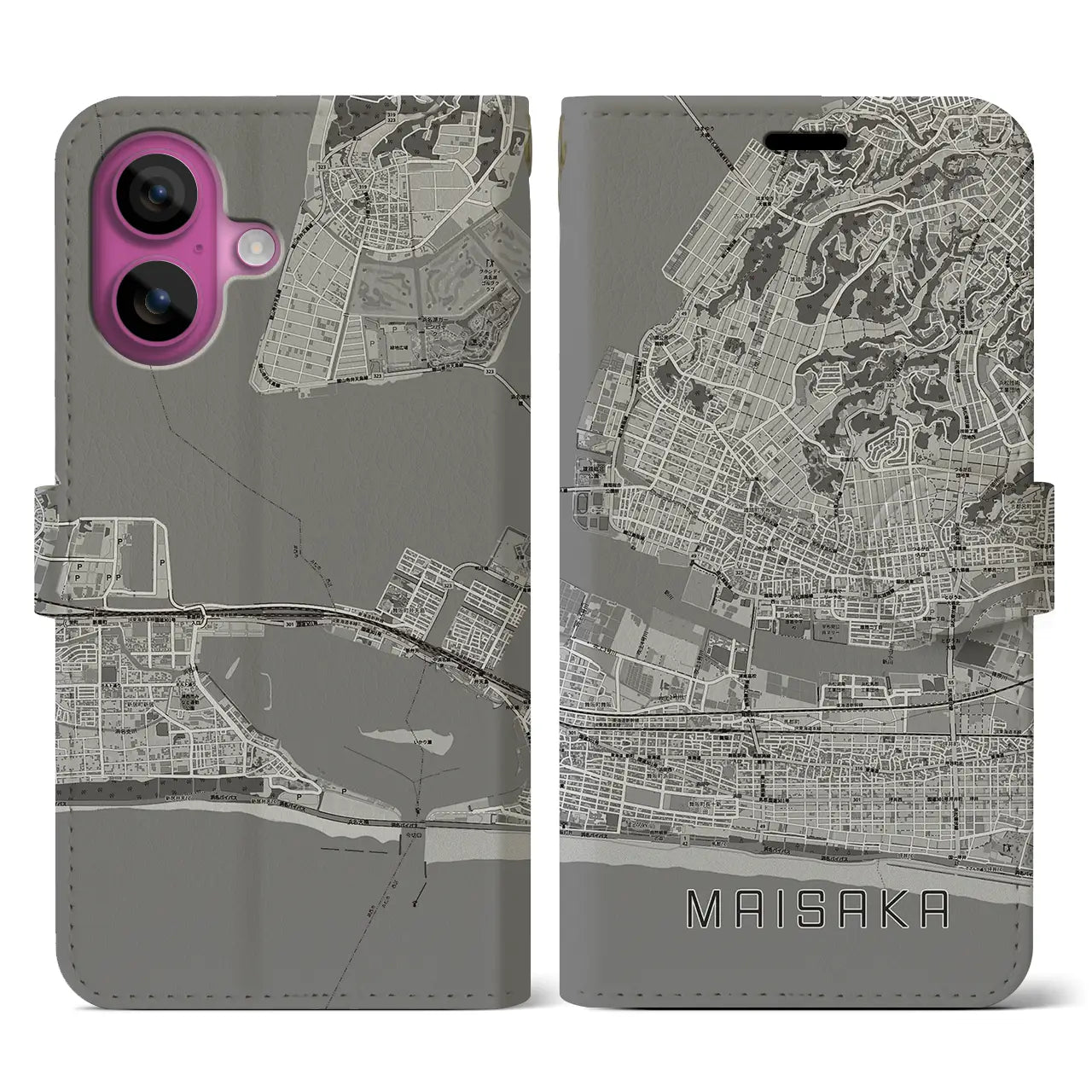 【舞阪(静岡県)】地図柄iPhoneケース(手帳タイプ)モノトーン・iPhone 16 Pro 用