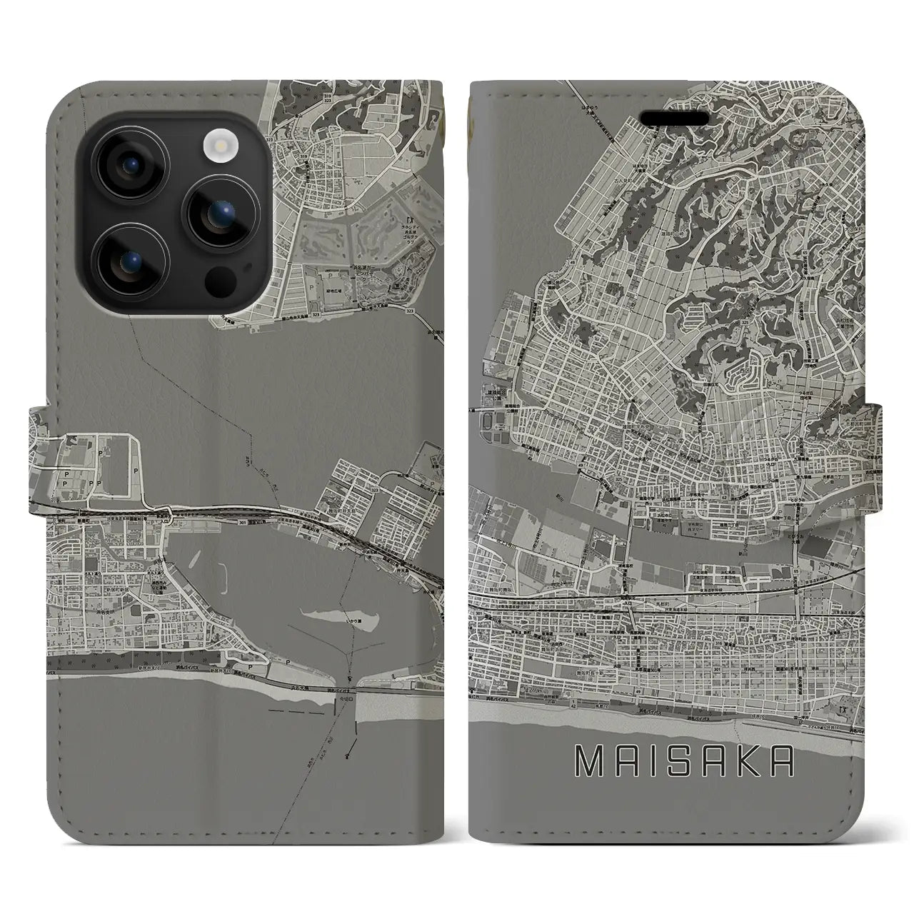 【舞阪(静岡県)】地図柄iPhoneケース(手帳タイプ)モノトーン・iPhone 16 用