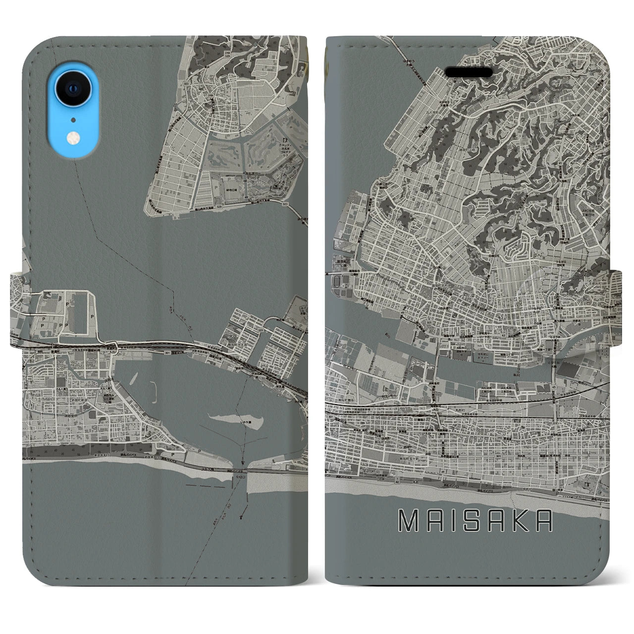 【舞阪(静岡県)】地図柄iPhoneケース(手帳タイプ)モノトーン・iPhone XR 用