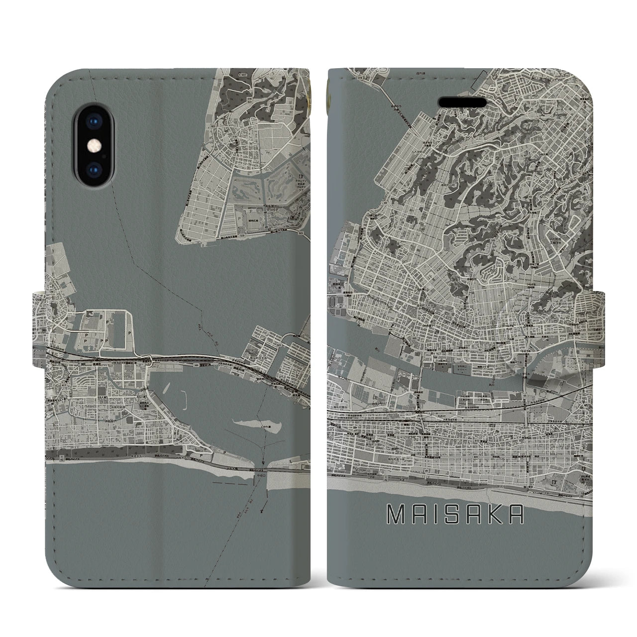 【舞阪(静岡県)】地図柄iPhoneケース(手帳タイプ)モノトーン・iPhone XS / X 用