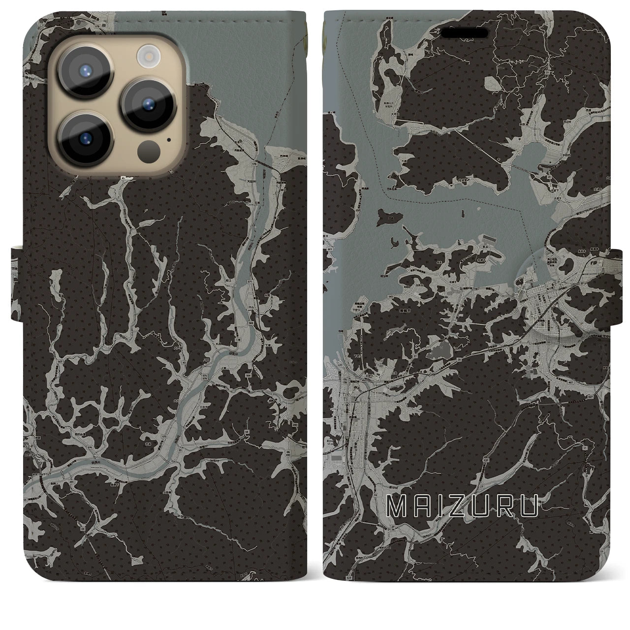 【舞鶴(京都府)】地図柄iPhoneケース(手帳タイプ)モノトーン・iPhone 14 Pro Max 用