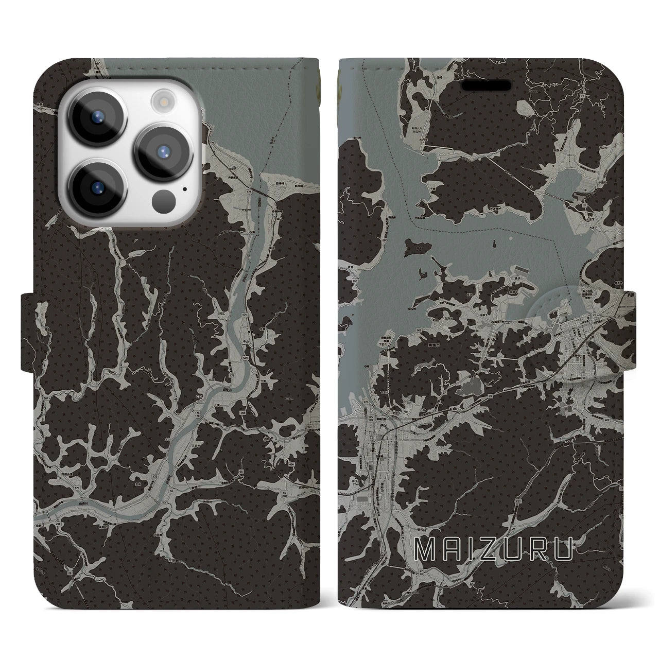 【舞鶴(京都府)】地図柄iPhoneケース(手帳タイプ)モノトーン・iPhone 14 Pro 用