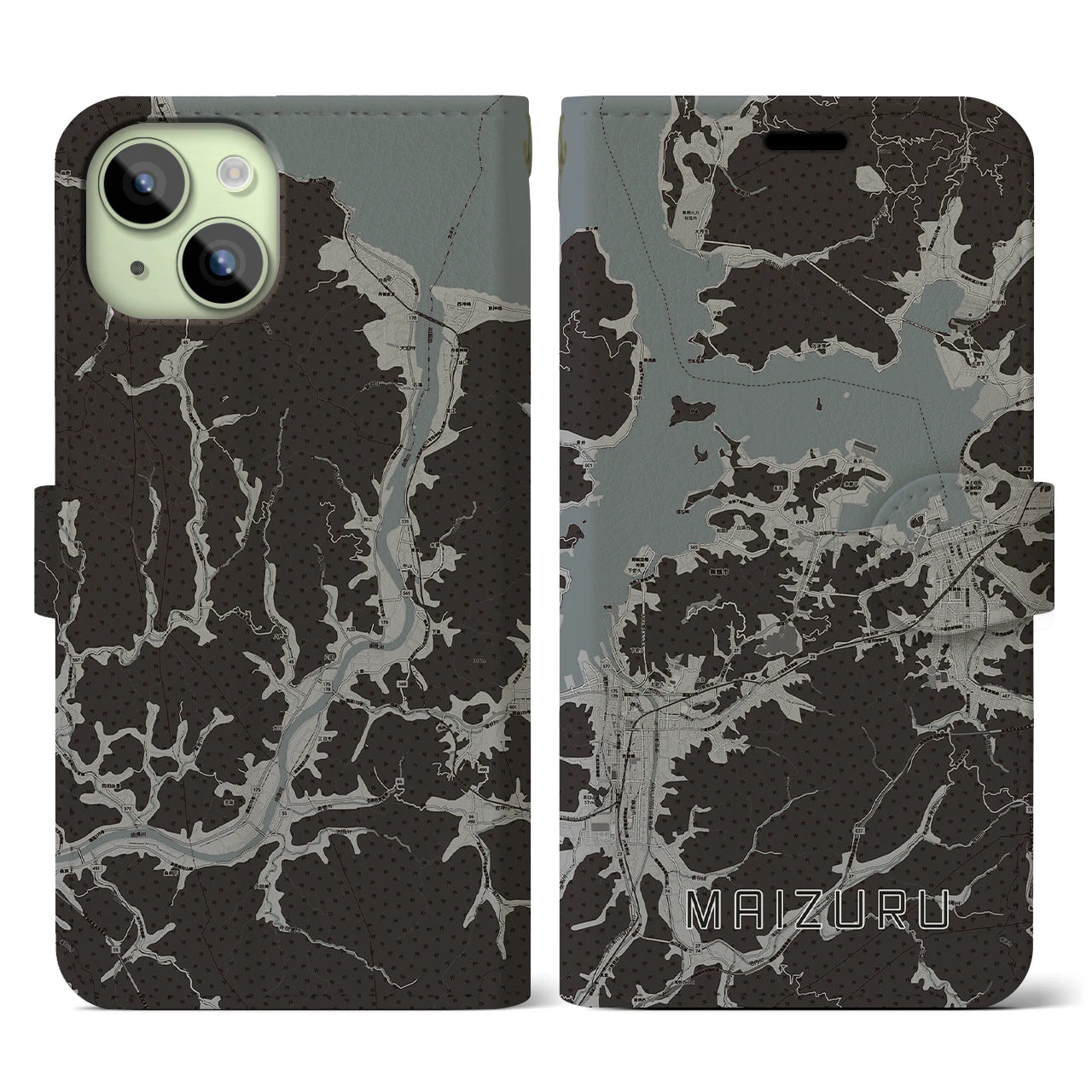 【舞鶴(京都府)】地図柄iPhoneケース(手帳タイプ)モノトーン・iPhone 15 用