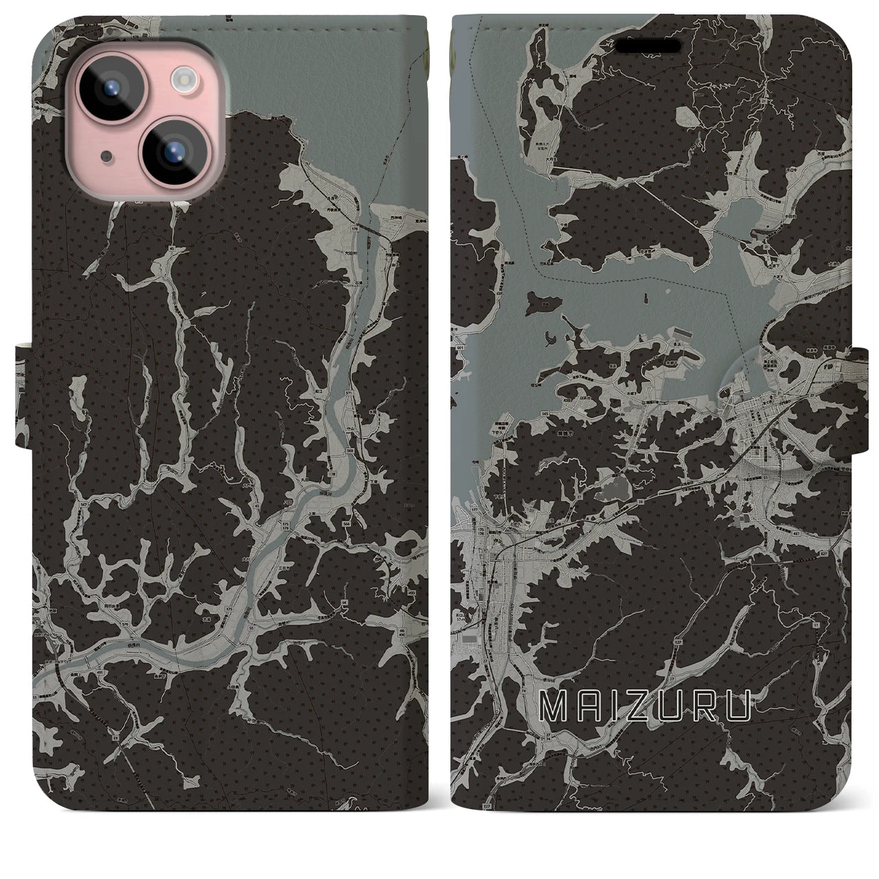 【舞鶴(京都府)】地図柄iPhoneケース(手帳タイプ)モノトーン・iPhone 15 Plus 用