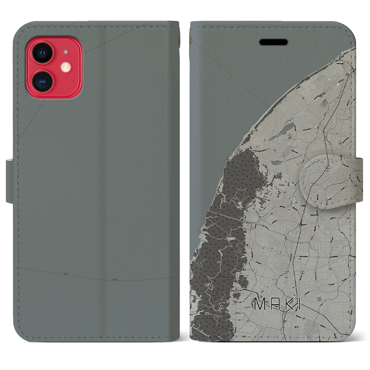 【巻(新潟県)】地図柄iPhoneケース(手帳タイプ)モノトーン・iPhone 11 用