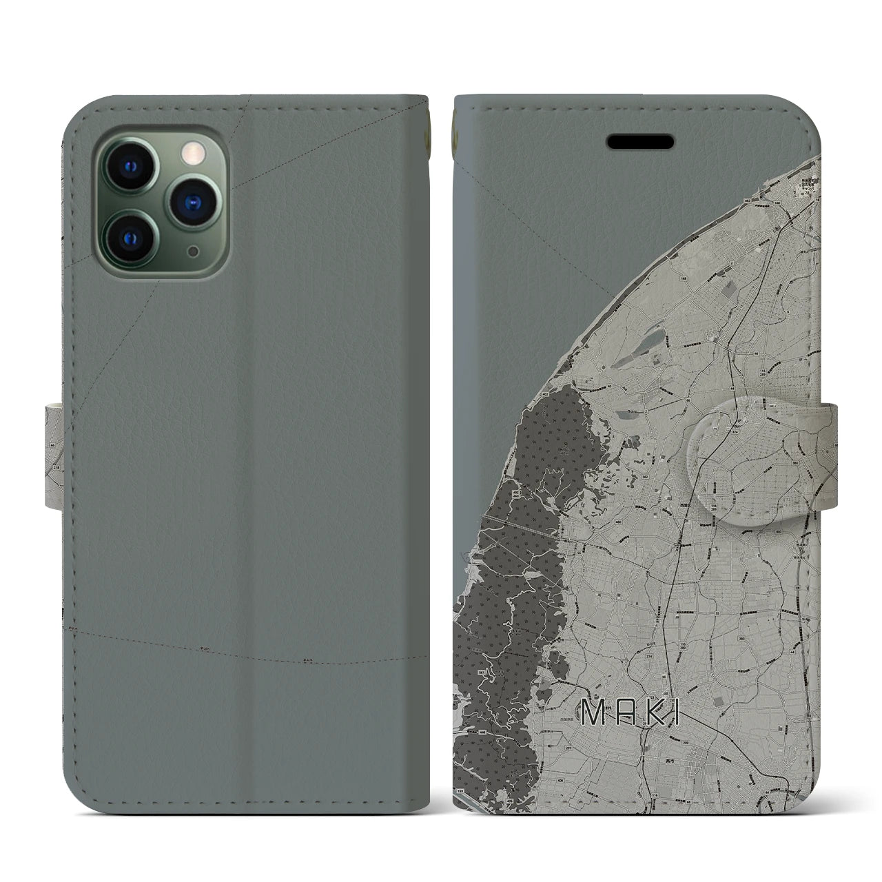【巻(新潟県)】地図柄iPhoneケース(手帳タイプ)モノトーン・iPhone 11 Pro 用