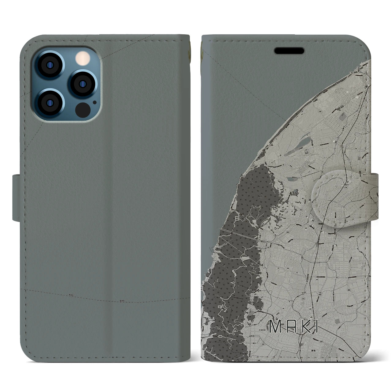 【巻(新潟県)】地図柄iPhoneケース(手帳タイプ)モノトーン・iPhone 12 / 12 Pro 用