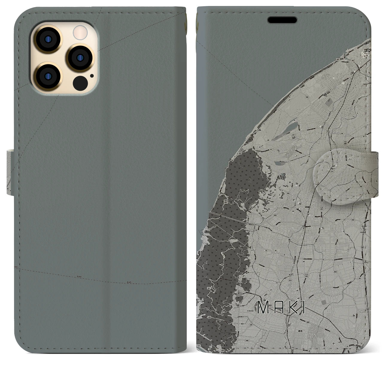 【巻(新潟県)】地図柄iPhoneケース(手帳タイプ)モノトーン・iPhone 12 Pro Max 用