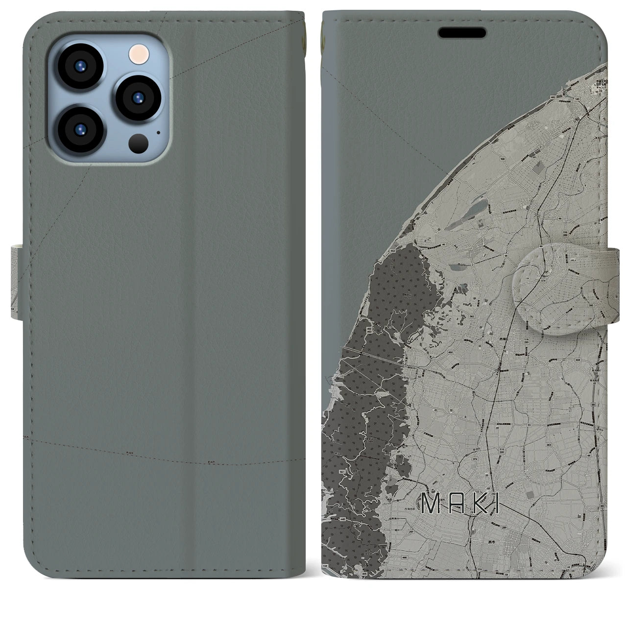 【巻(新潟県)】地図柄iPhoneケース(手帳タイプ)モノトーン・iPhone 13 Pro Max 用