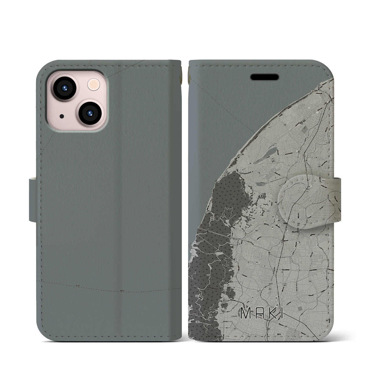 【巻(新潟県)】地図柄iPhoneケース(手帳タイプ)モノトーン・iPhone 13 mini 用