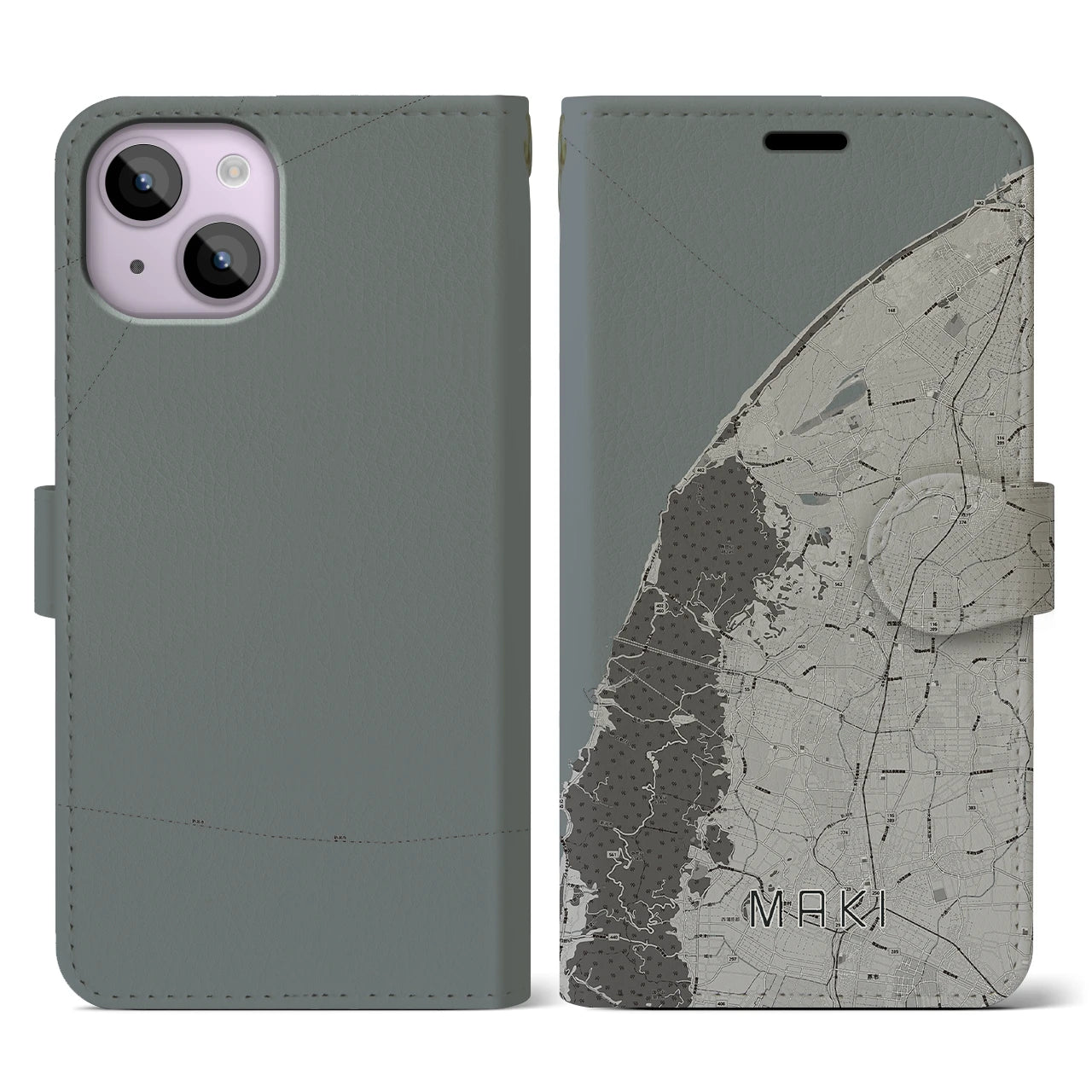 【巻(新潟県)】地図柄iPhoneケース(手帳タイプ)モノトーン・iPhone 14 用