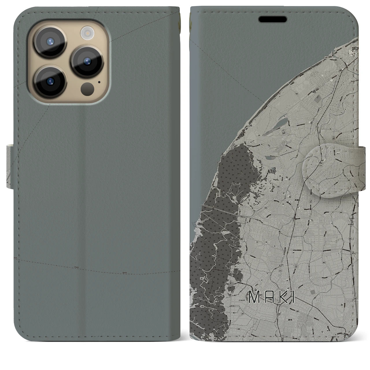 【巻(新潟県)】地図柄iPhoneケース(手帳タイプ)モノトーン・iPhone 14 Pro Max 用