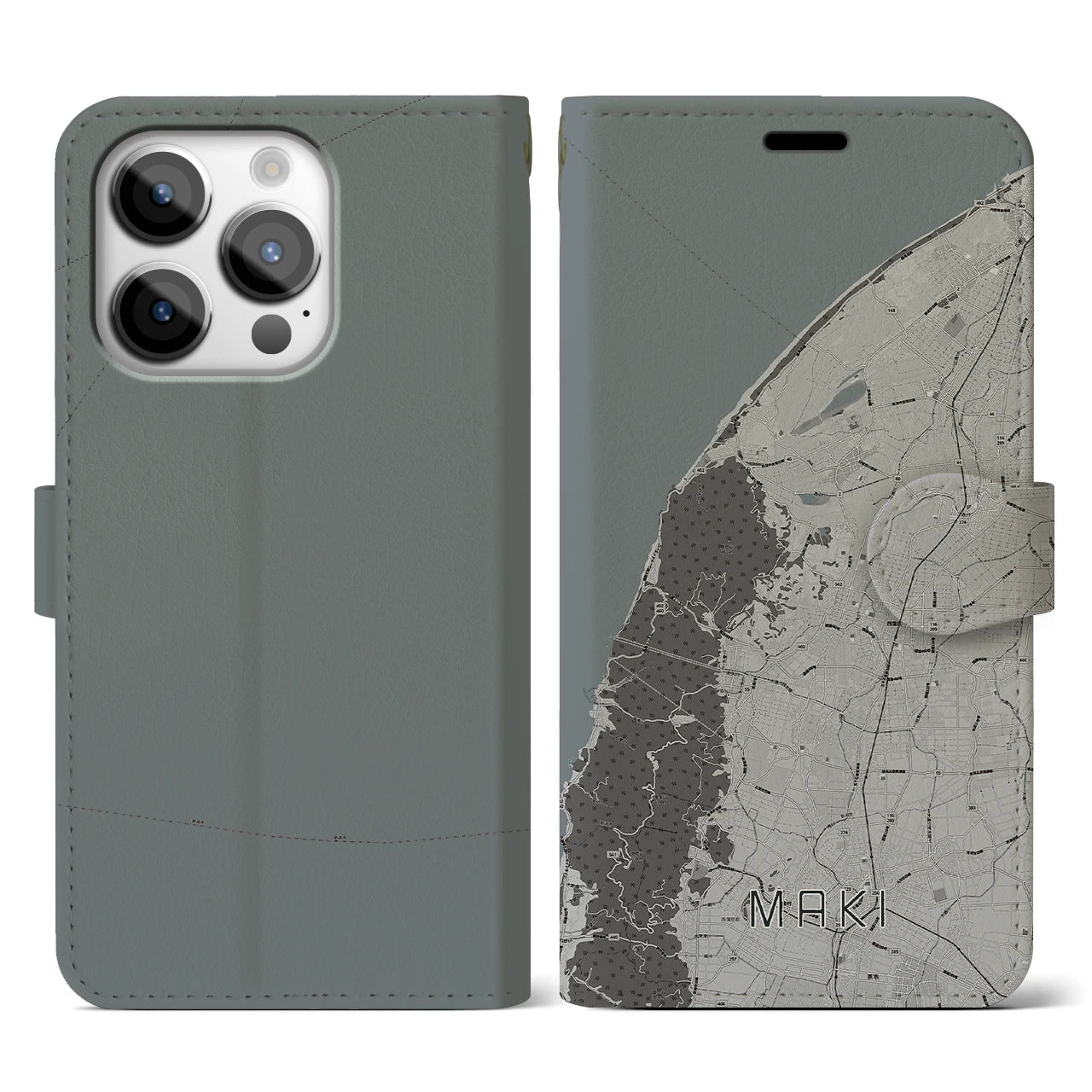 【巻(新潟県)】地図柄iPhoneケース(手帳タイプ)モノトーン・iPhone 14 Pro 用