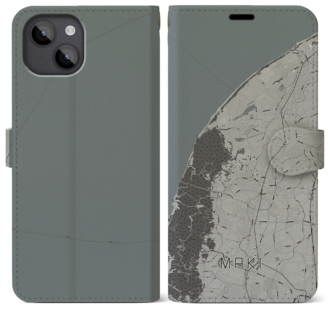 【巻(新潟県)】地図柄iPhoneケース(手帳タイプ)モノトーン・iPhone 14 Plus 用