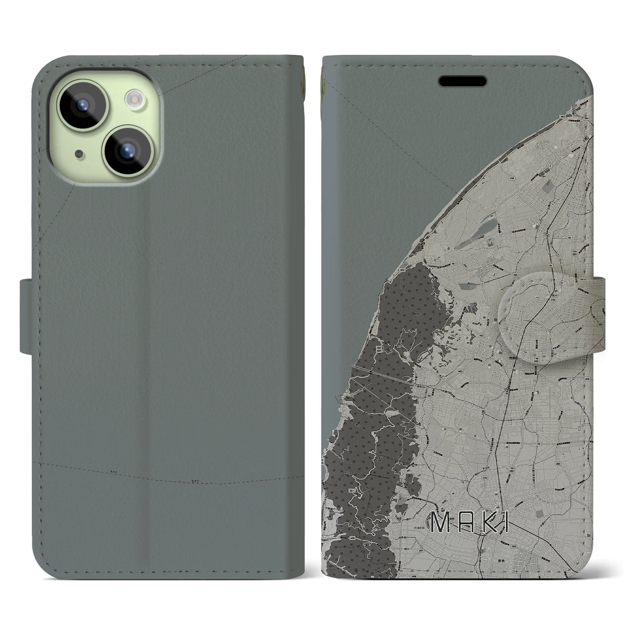 【巻(新潟県)】地図柄iPhoneケース(手帳タイプ)モノトーン・iPhone 15 用