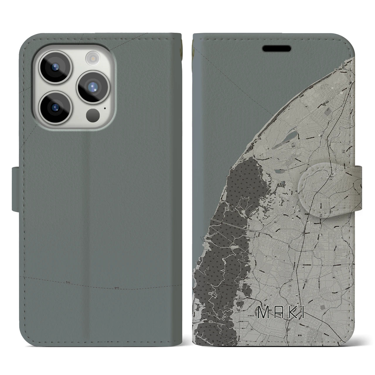 【巻(新潟県)】地図柄iPhoneケース(手帳タイプ)モノトーン・iPhone 15 Pro 用
