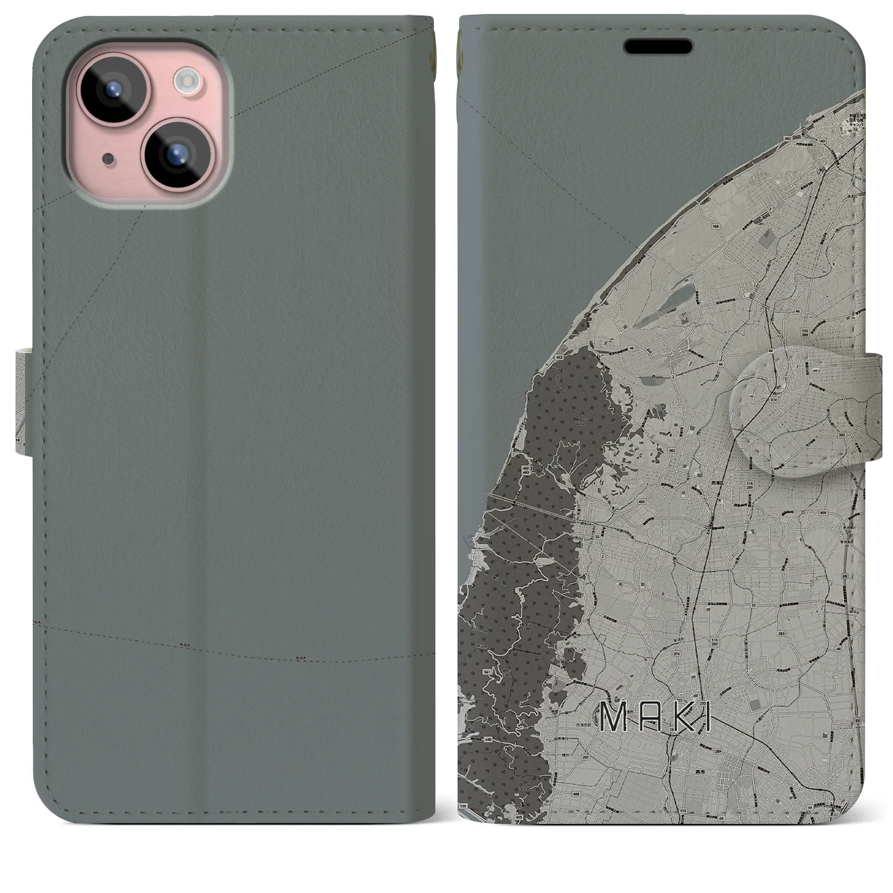 【巻(新潟県)】地図柄iPhoneケース(手帳タイプ)モノトーン・iPhone 15 Plus 用