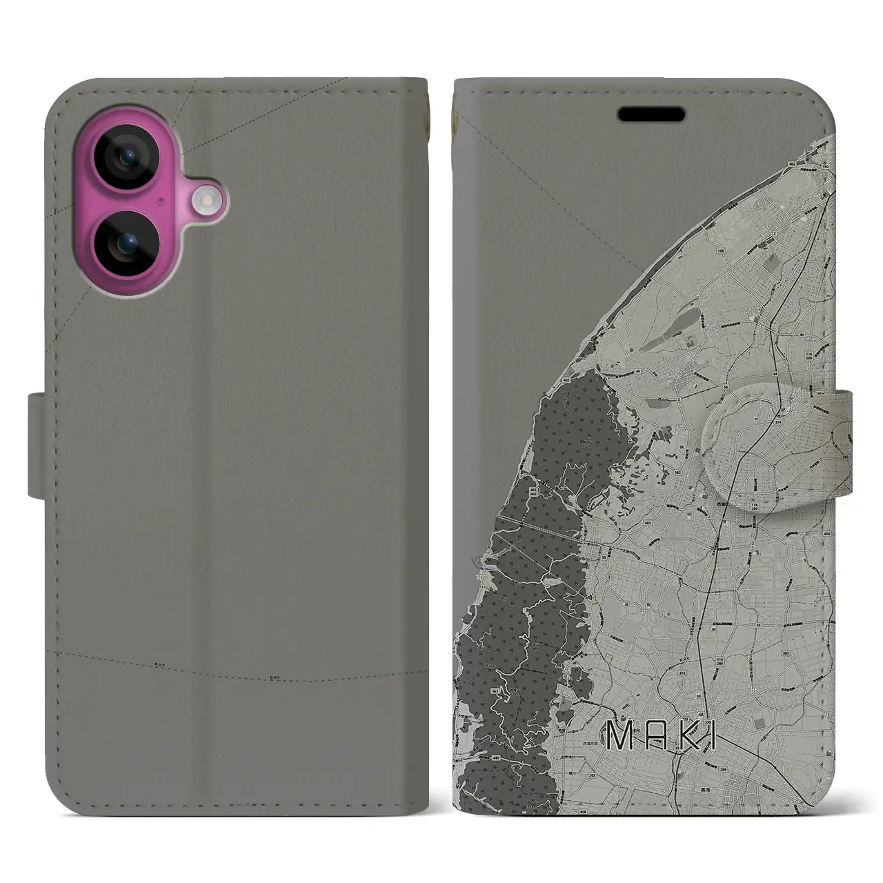 【巻(新潟県)】地図柄iPhoneケース(手帳タイプ)モノトーン・iPhone 16 Pro 用