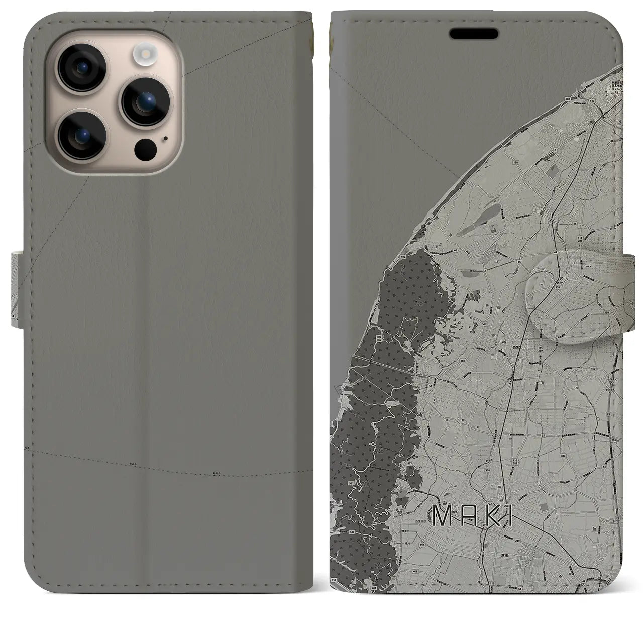【巻(新潟県)】地図柄iPhoneケース(手帳タイプ)モノトーン・iPhone 16 Plus 用