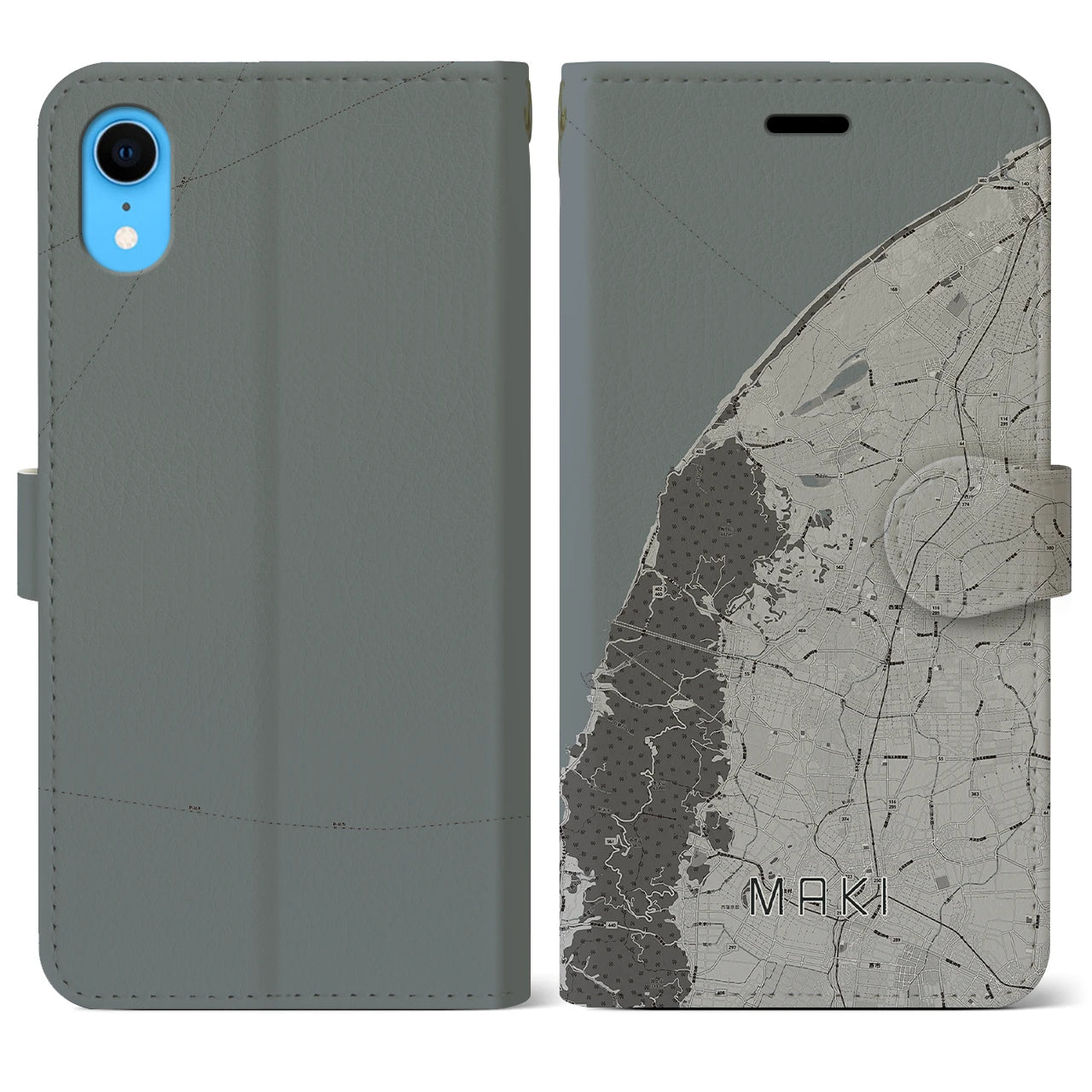 【巻(新潟県)】地図柄iPhoneケース(手帳タイプ)モノトーン・iPhone XR 用