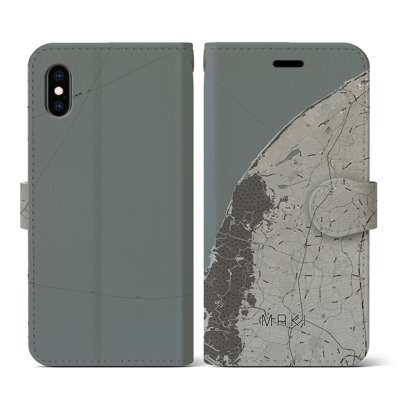 【巻(新潟県)】地図柄iPhoneケース(手帳タイプ)モノトーン・iPhone XS / X 用