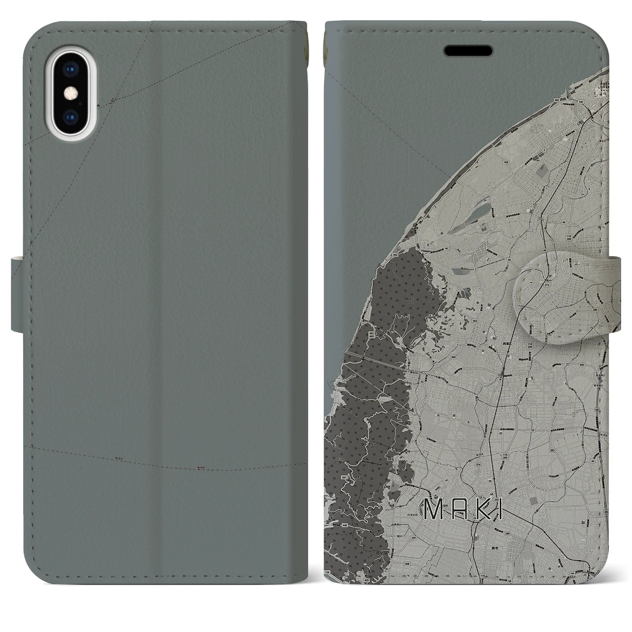 【巻(新潟県)】地図柄iPhoneケース(手帳タイプ)モノトーン・iPhone XS Max 用