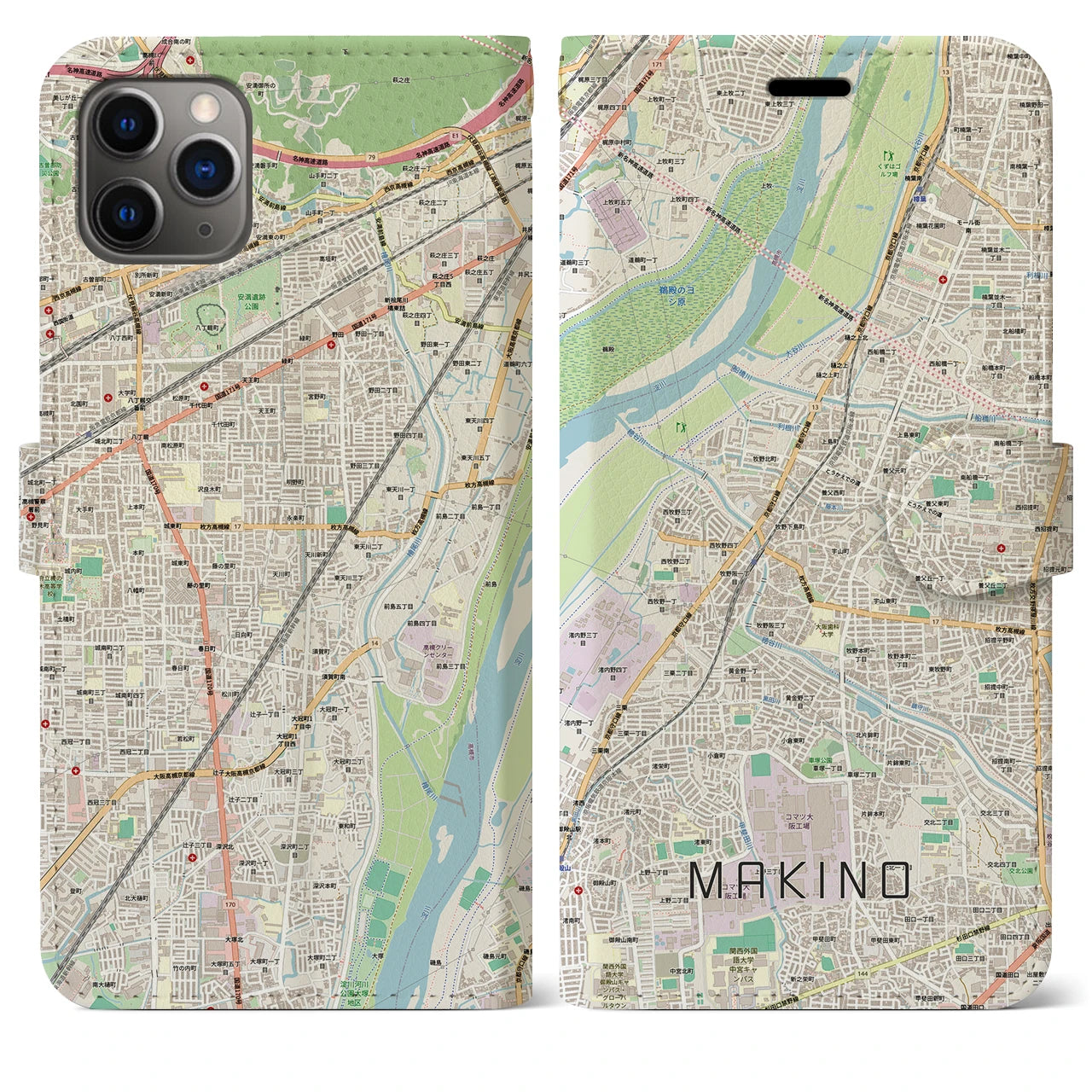 【牧野(大阪府)】地図柄iPhoneケース(手帳タイプ)