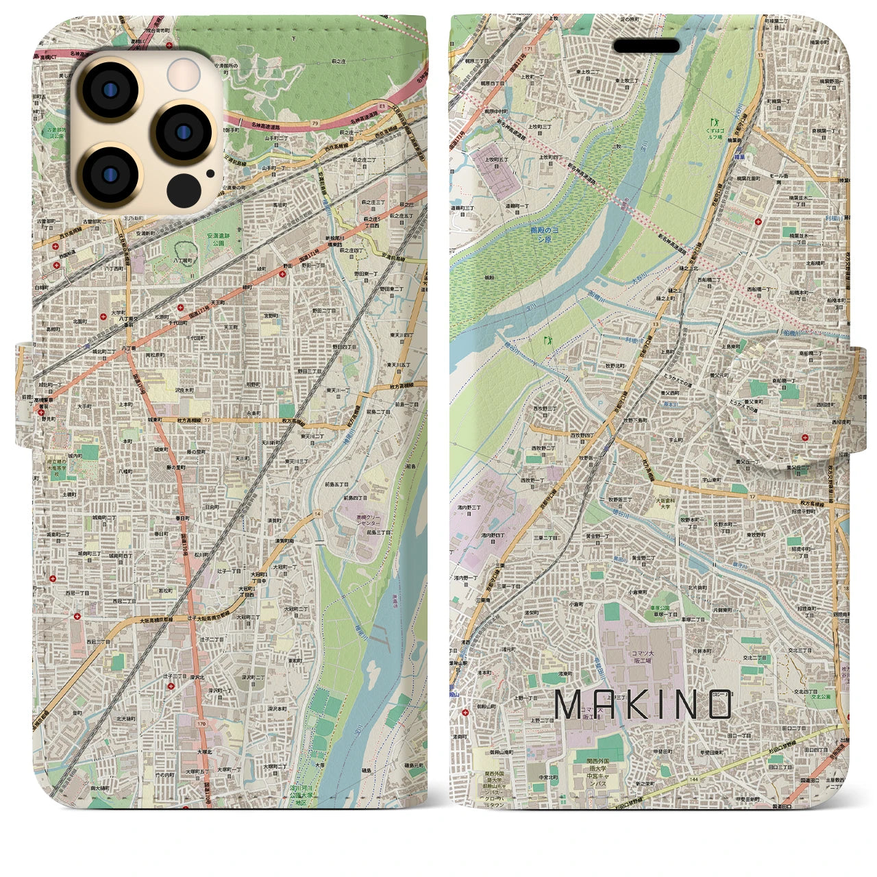 【牧野(大阪府)】地図柄iPhoneケース(手帳タイプ)