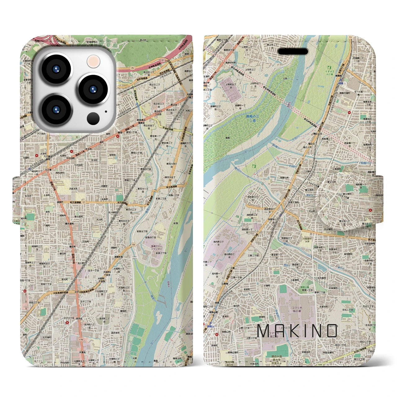 【牧野(大阪府)】地図柄iPhoneケース(手帳タイプ)