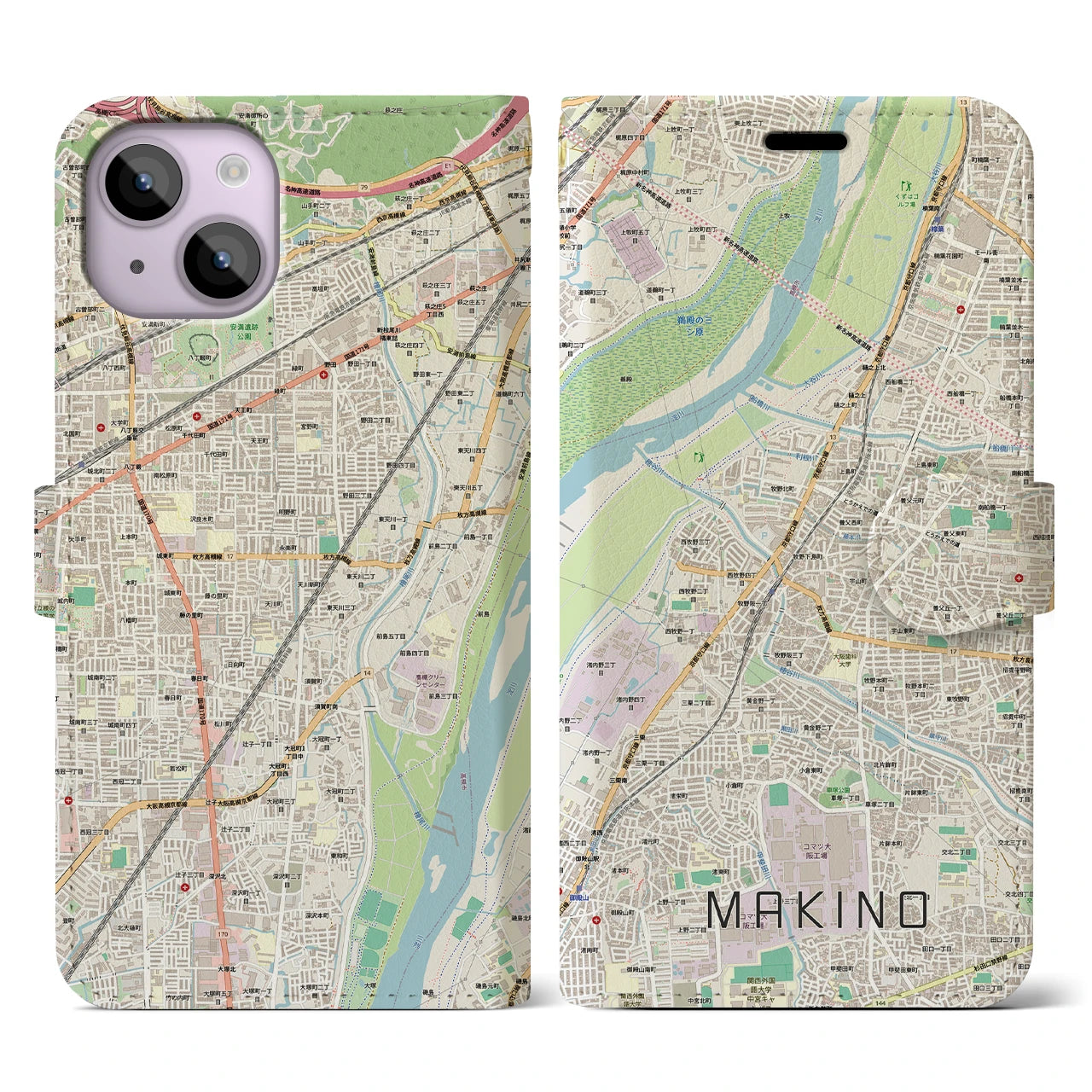 【牧野(大阪府)】地図柄iPhoneケース(手帳タイプ)