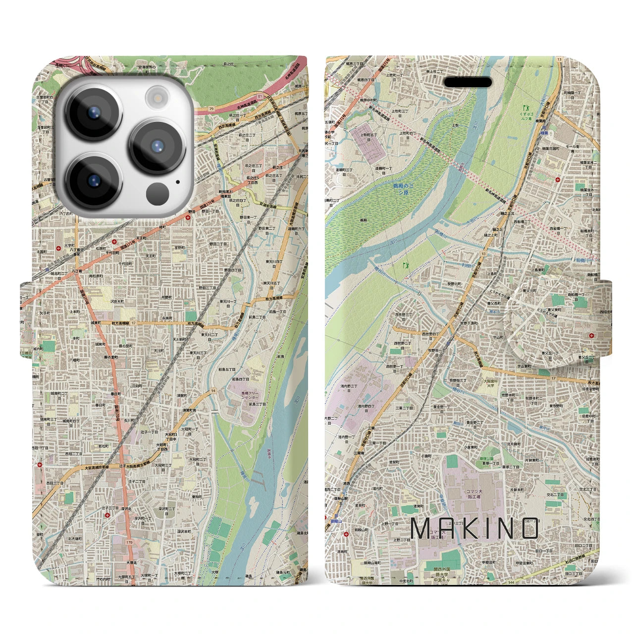 【牧野(大阪府)】地図柄iPhoneケース(手帳タイプ)