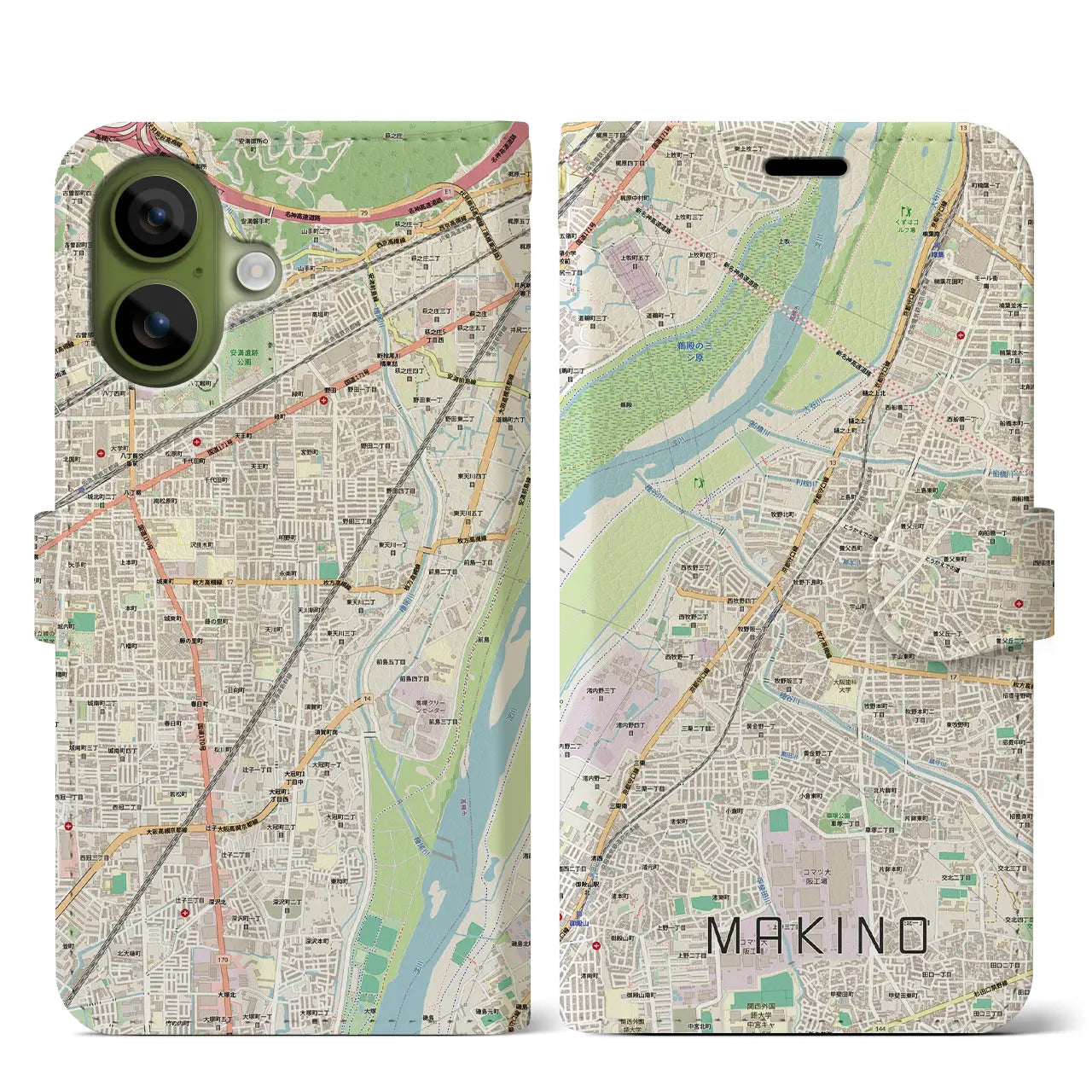 【牧野(大阪府)】地図柄iPhoneケース(手帳タイプ)ナチュラル・iPhone 17 Pro Max 用