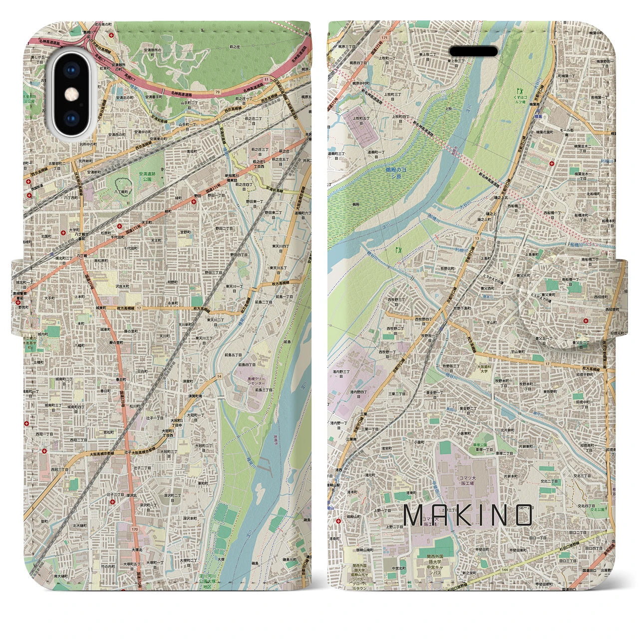 【牧野(大阪府)】地図柄iPhoneケース(手帳タイプ)