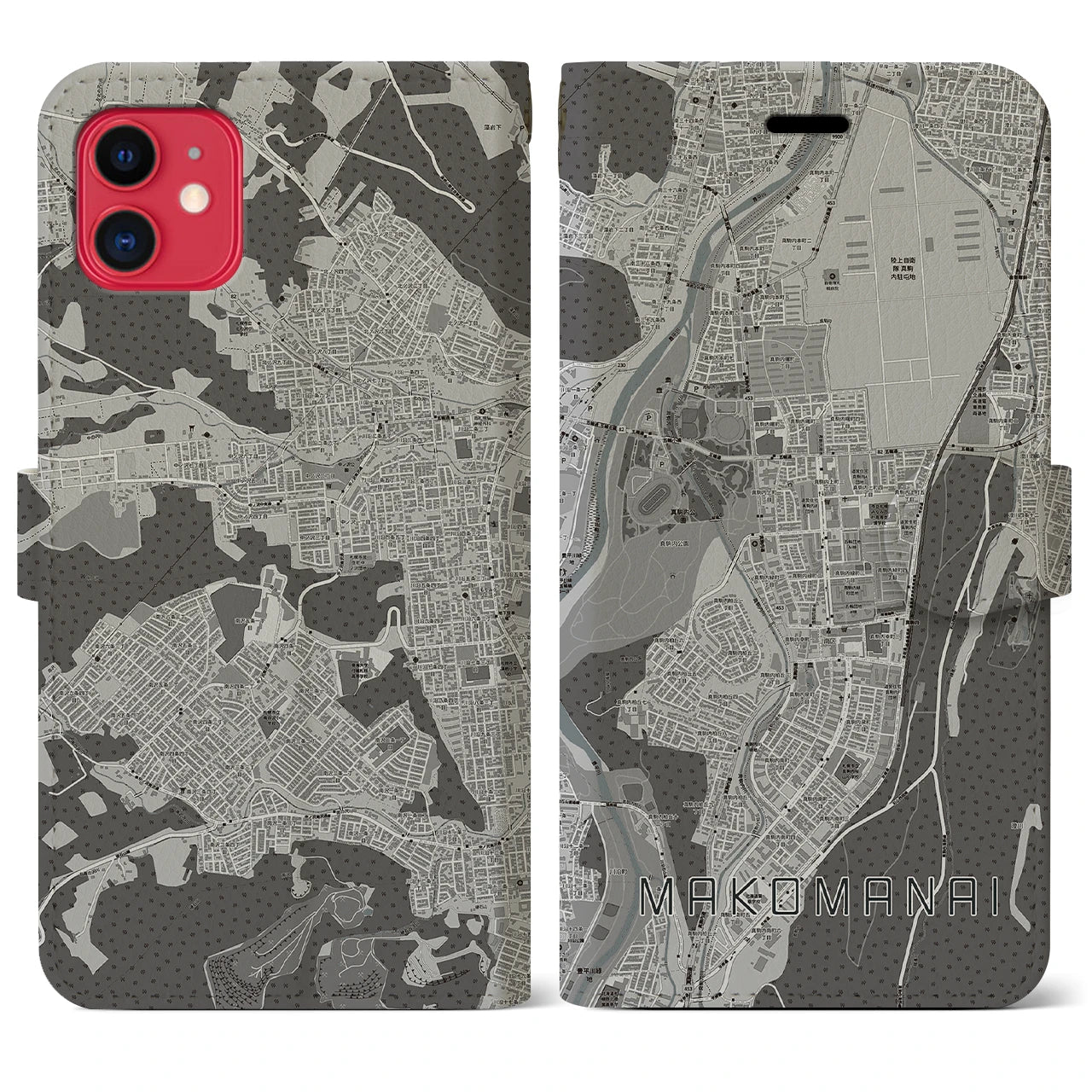 【真駒内(北海道)】地図柄iPhoneケース(手帳タイプ)モノトーン・iPhone 11 用