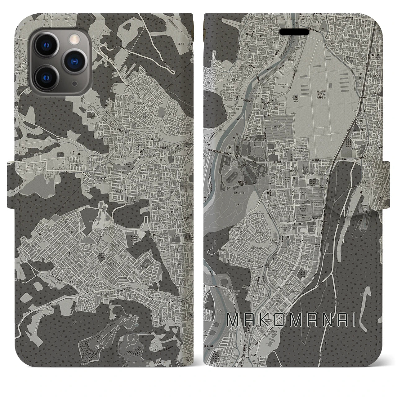 【真駒内(北海道)】地図柄iPhoneケース(手帳タイプ)モノトーン・iPhone 11 Pro Max 用