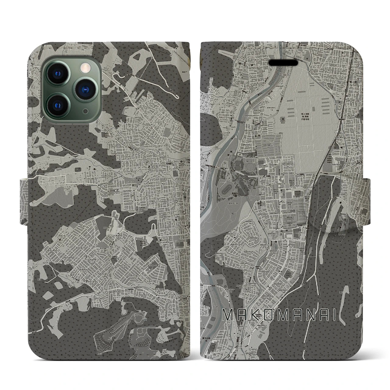 【真駒内(北海道)】地図柄iPhoneケース(手帳タイプ)モノトーン・iPhone 11 Pro 用