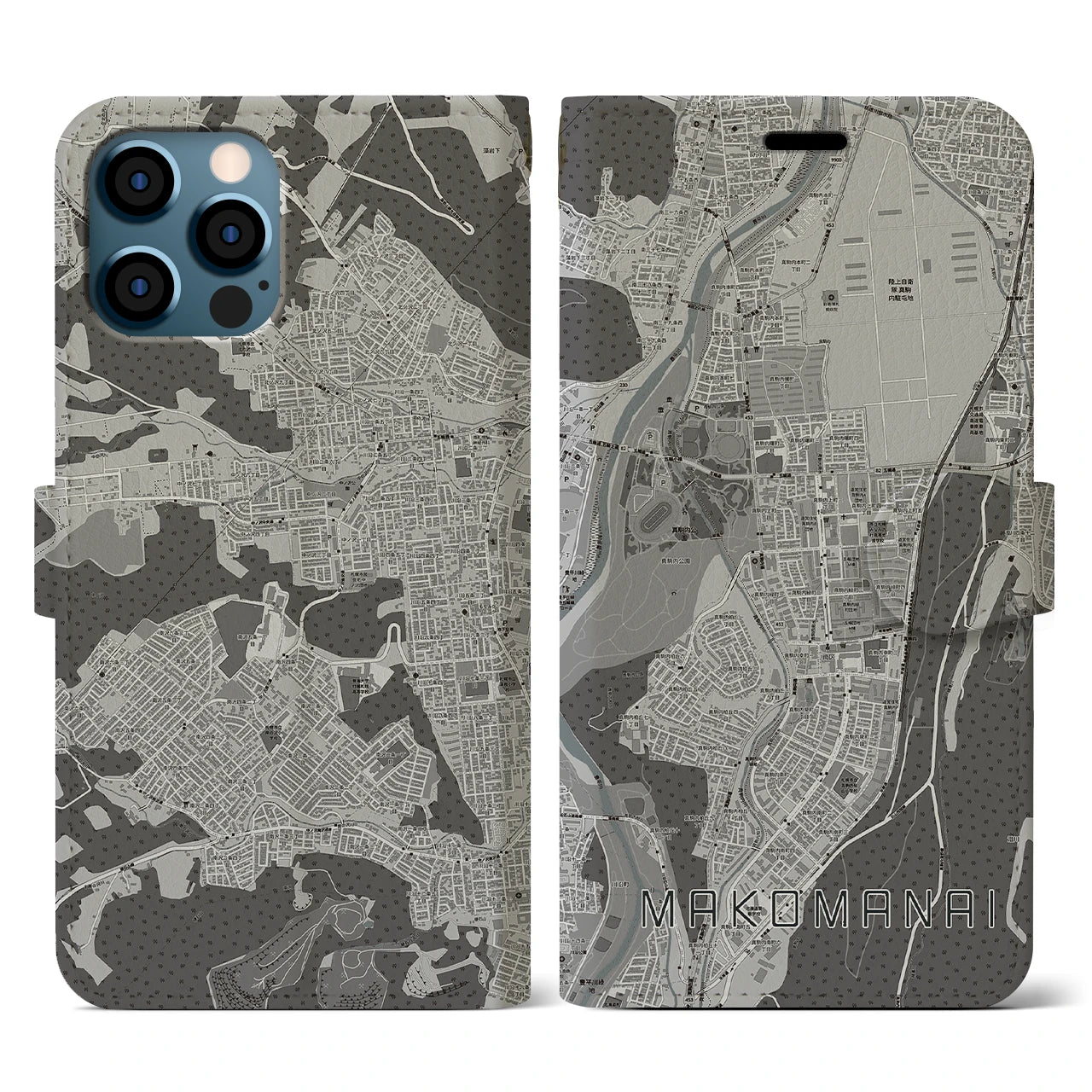 【真駒内(北海道)】地図柄iPhoneケース(手帳タイプ)モノトーン・iPhone 12 / 12 Pro 用