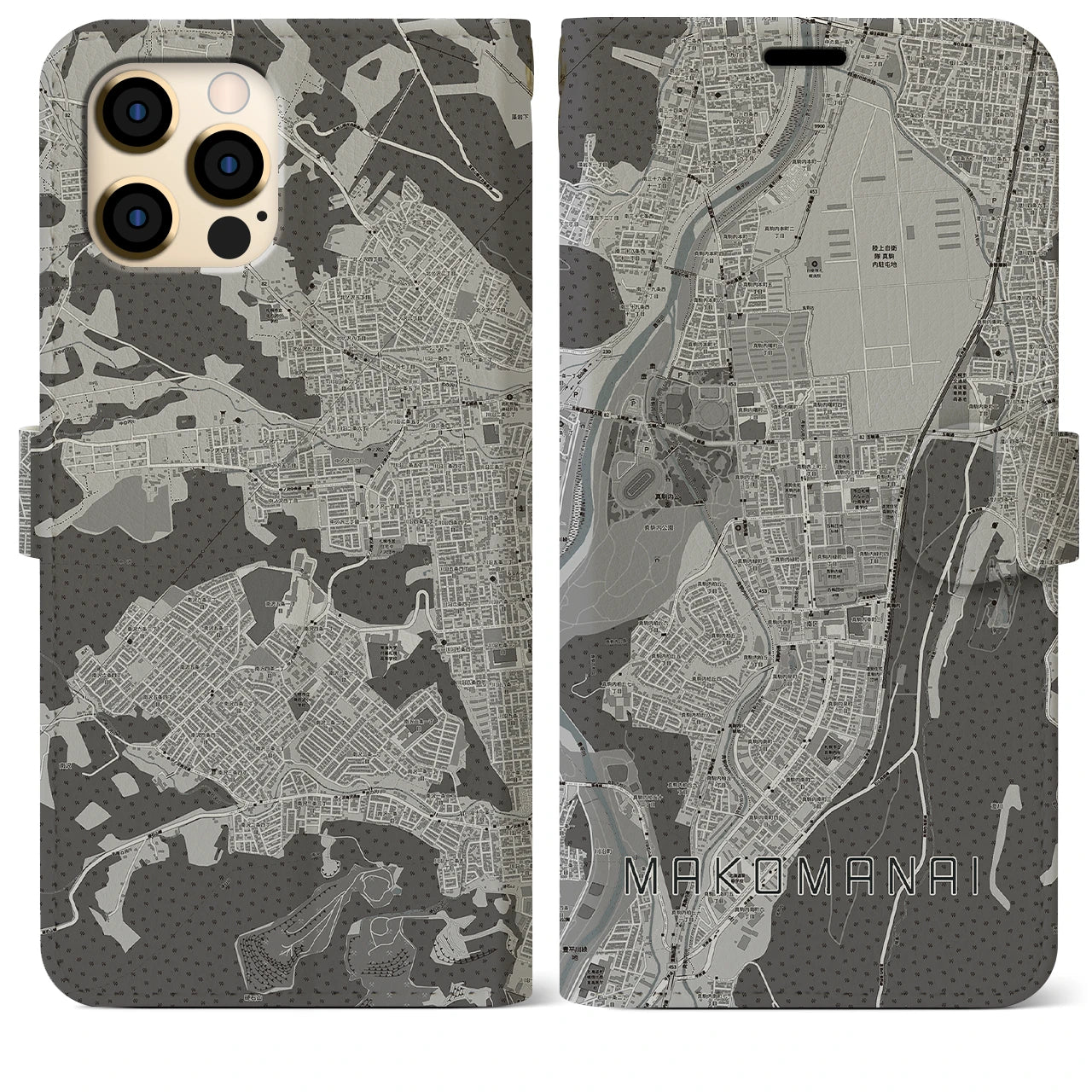 【真駒内(北海道)】地図柄iPhoneケース(手帳タイプ)モノトーン・iPhone 12 Pro Max 用