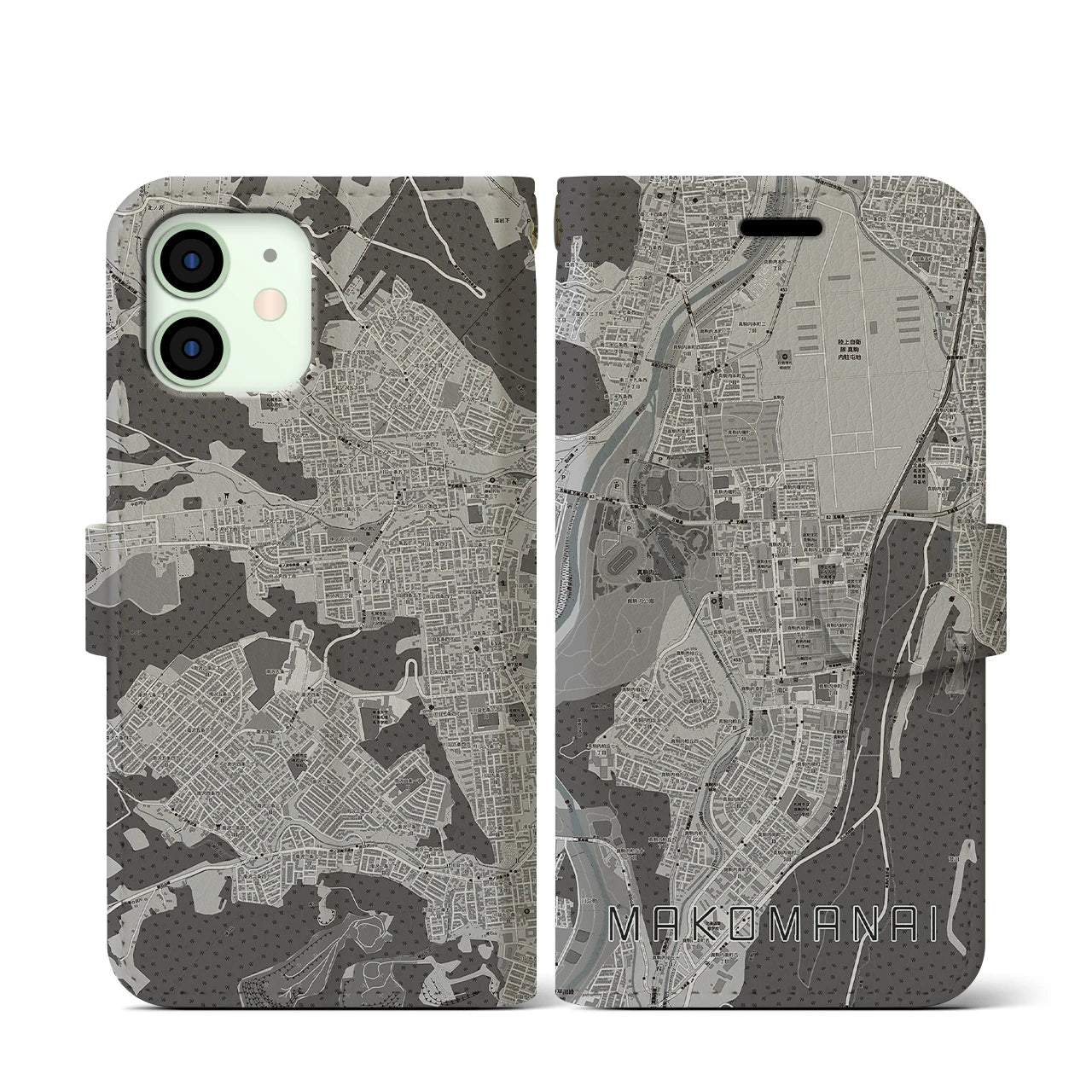 【真駒内(北海道)】地図柄iPhoneケース(手帳タイプ)モノトーン・iPhone 12 mini 用