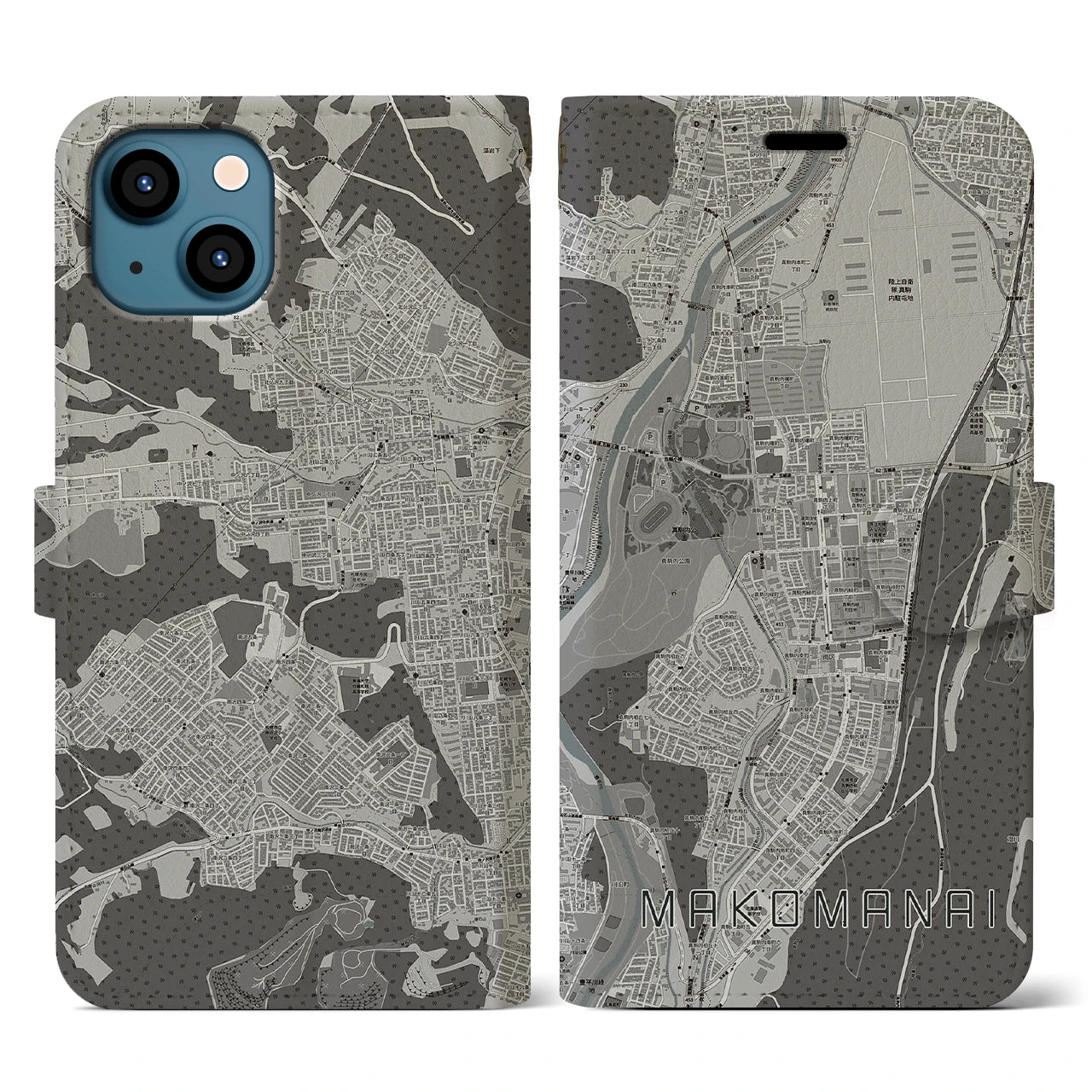 【真駒内(北海道)】地図柄iPhoneケース(手帳タイプ)モノトーン・iPhone 13 用