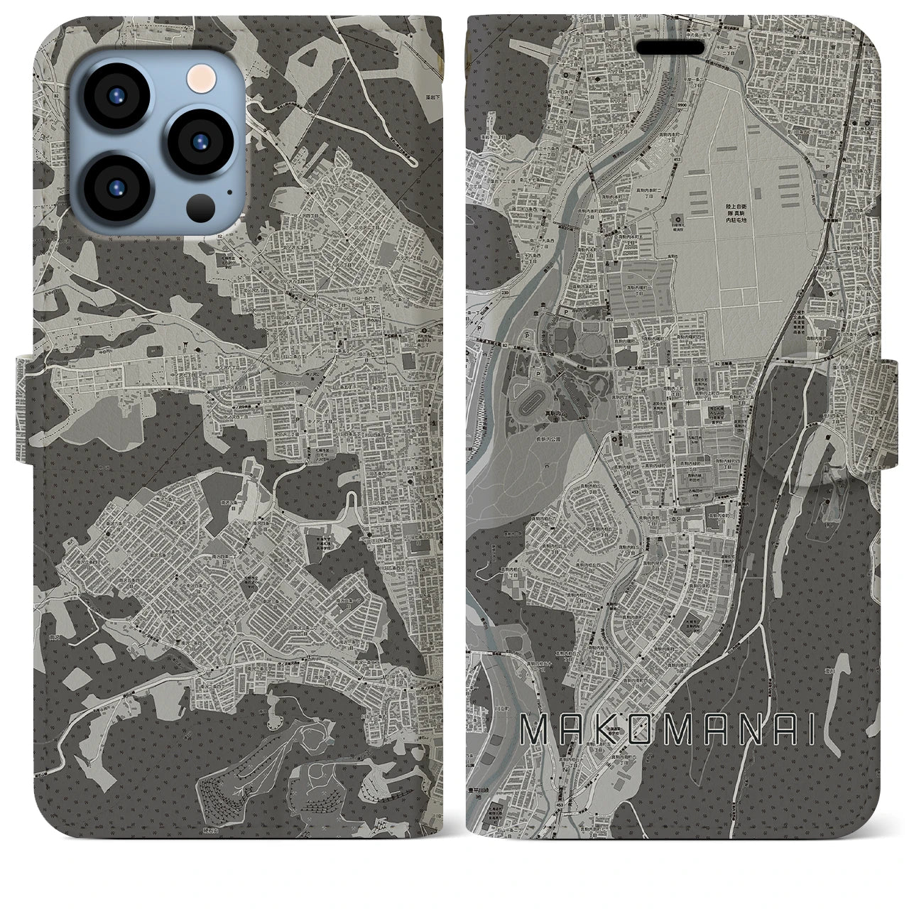 【真駒内(北海道)】地図柄iPhoneケース(手帳タイプ)モノトーン・iPhone 13 Pro Max 用