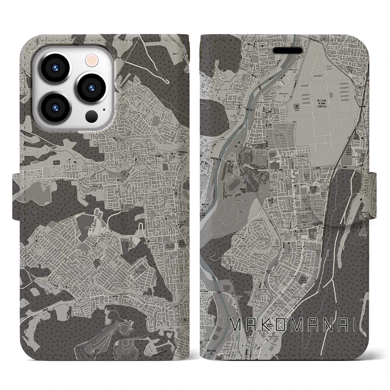 【真駒内(北海道)】地図柄iPhoneケース(手帳タイプ)モノトーン・iPhone 13 Pro 用