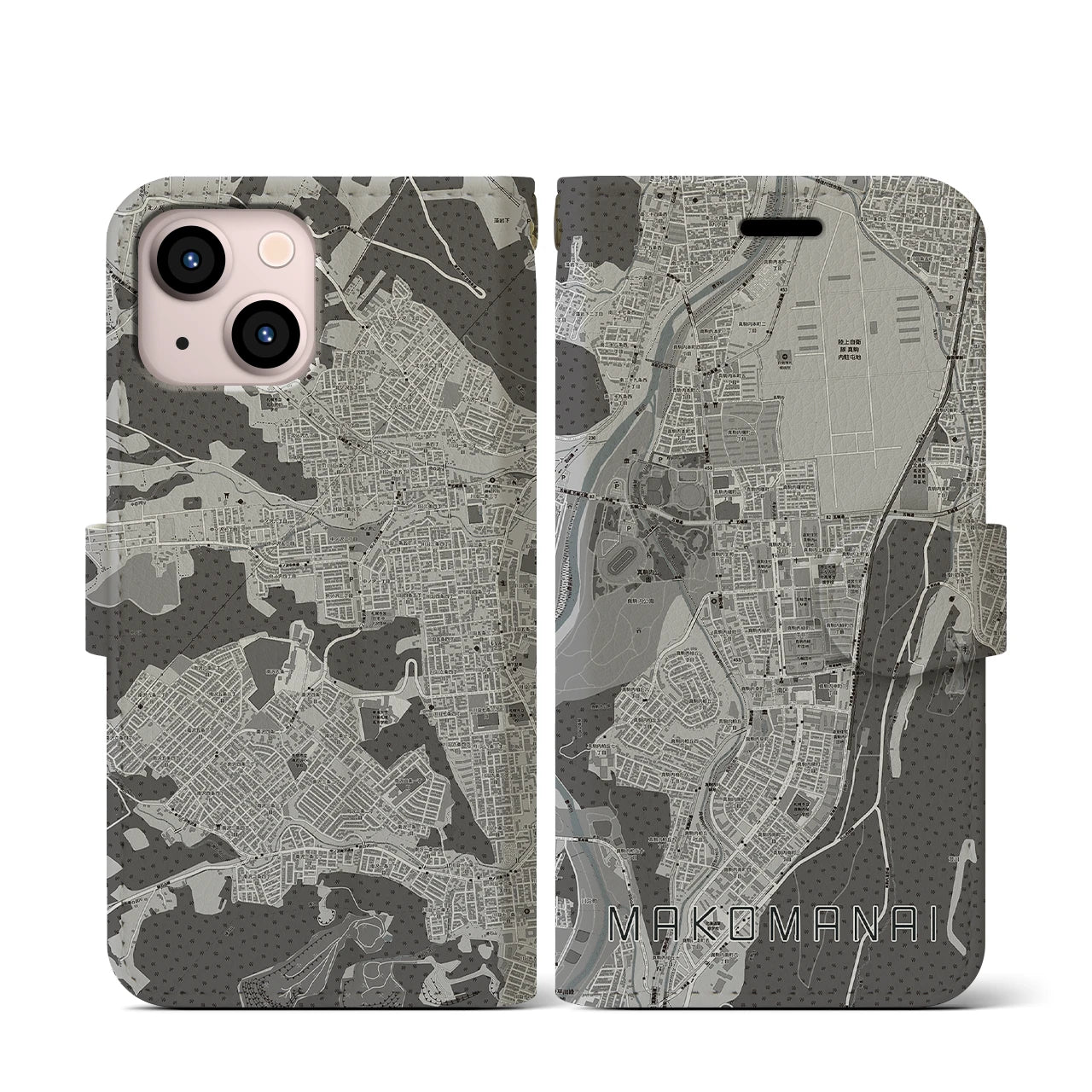 【真駒内(北海道)】地図柄iPhoneケース(手帳タイプ)モノトーン・iPhone 13 mini 用