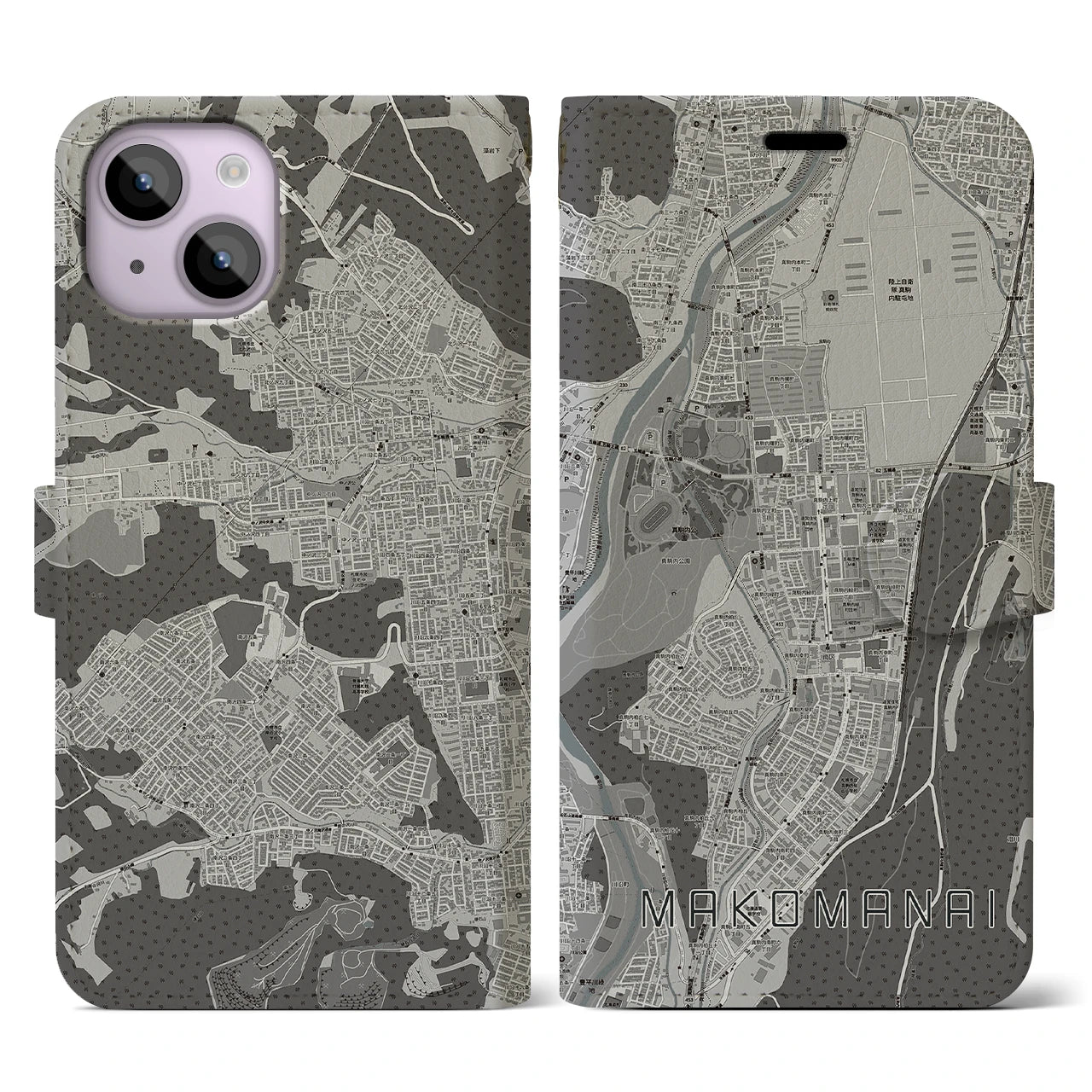 【真駒内(北海道)】地図柄iPhoneケース(手帳タイプ)モノトーン・iPhone 14 用