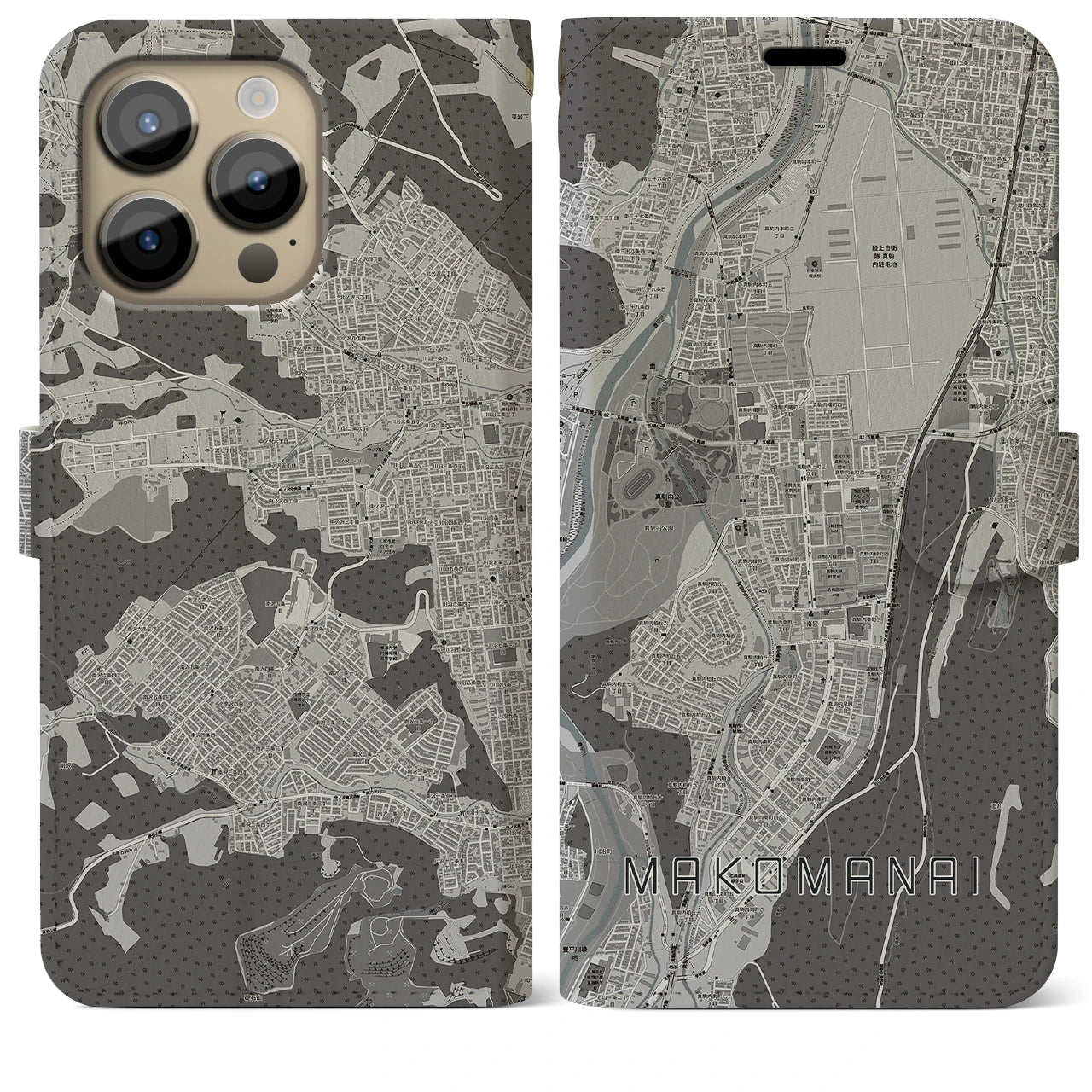 【真駒内(北海道)】地図柄iPhoneケース(手帳タイプ)モノトーン・iPhone 14 Pro Max 用